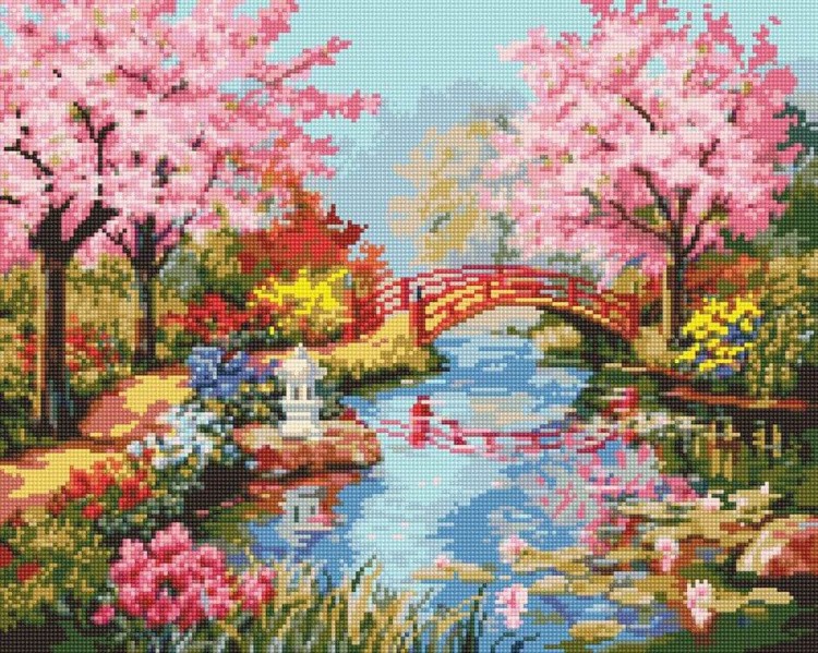 Алмазная вышивка «Мост в цветущем саду» — картинка 2