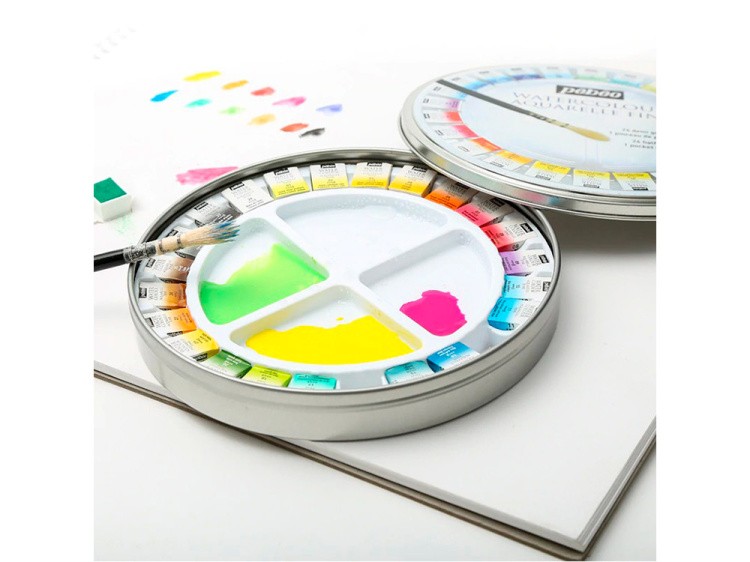 Краски Pebeo акварель 24 цвета набор Aquarelle Fine в металлической коробке с кистью — картинка 3