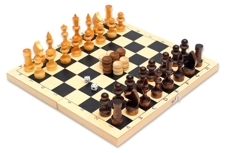Набор 3 в 1 малый. Шахматы лакированные № 3, шашки и нарды (29,5Х14,5 см)