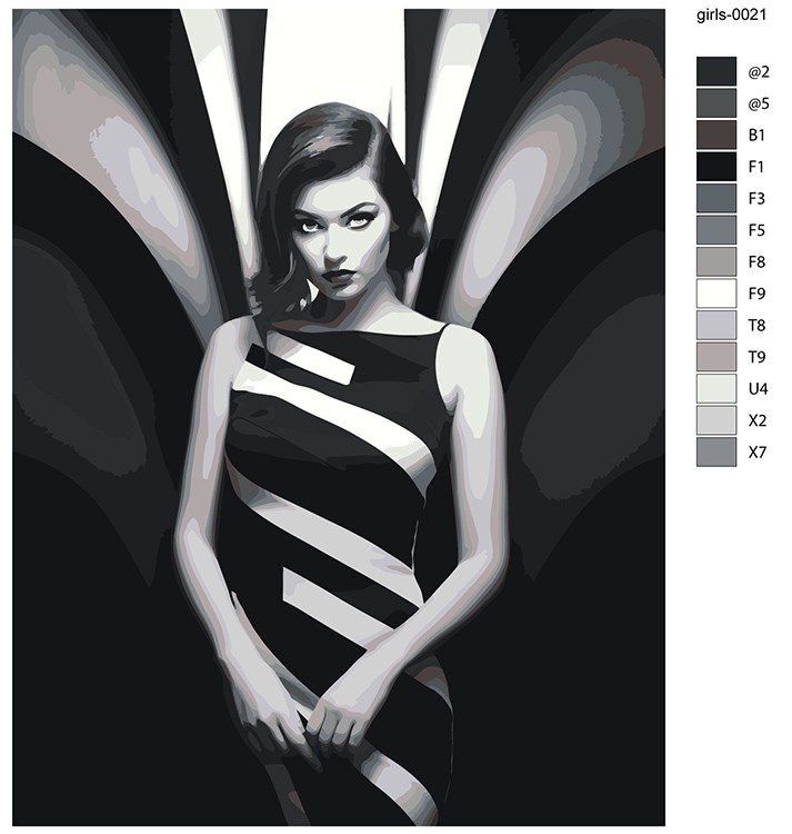 Картина по номерам «Девушка в полосатом черно-белом платье» — картинка 2