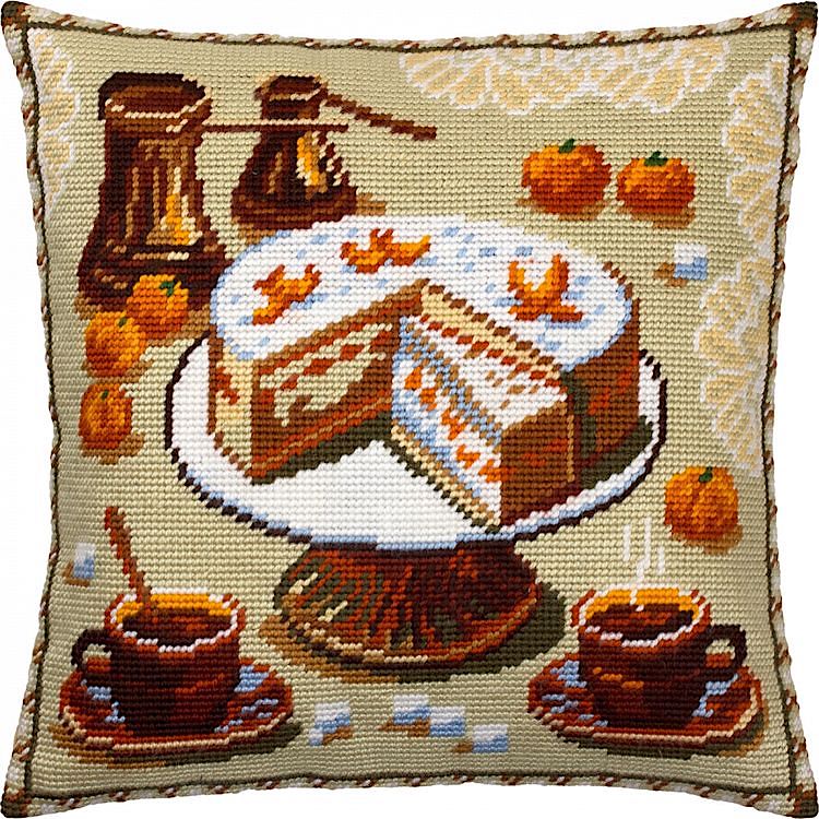 Набор для вышивания подушки «Кофе и мандариновый торт», лицевая сторона, Чарівниця