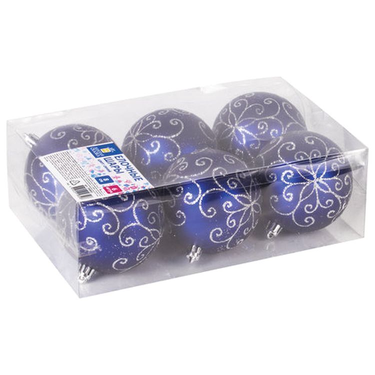 Шары елочные, набор 6 шт., пластик, 8 см, с серебристым рисунком, цвет синий — картинка 6