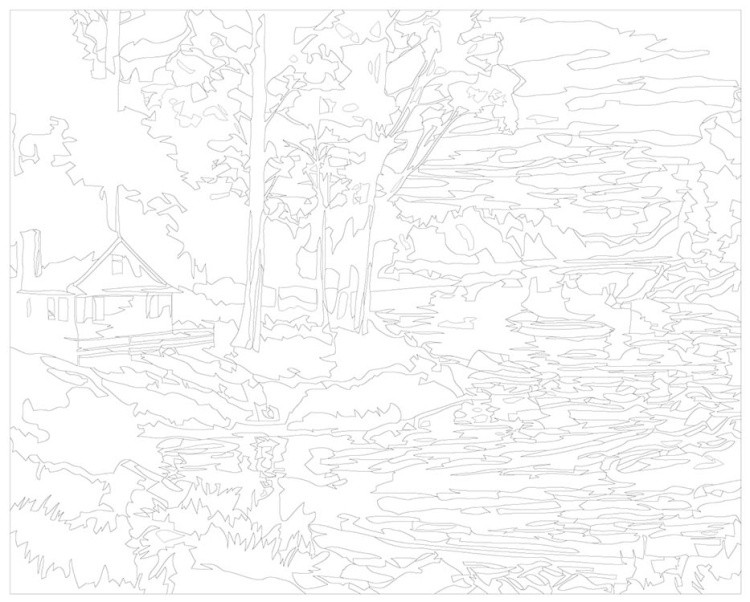 Картина по номерам «Природа: Пейзаж с домиком у ручья в лесу на закате» — картинка 3