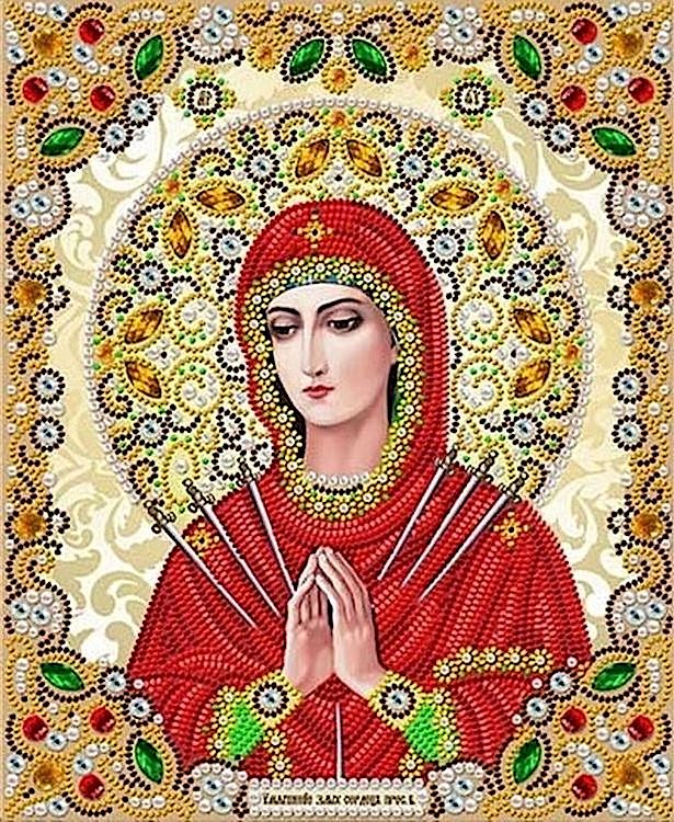 Рисунок на ткани «Богородица Умягчение злых сердец в жемчуге и кристаллах»