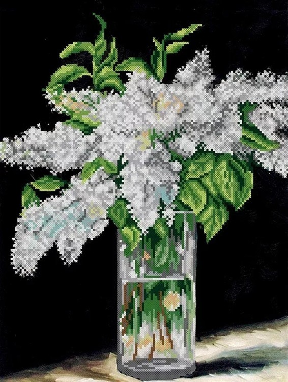 Рисунок на ткани «Белая сирень в стеклянной вазе»