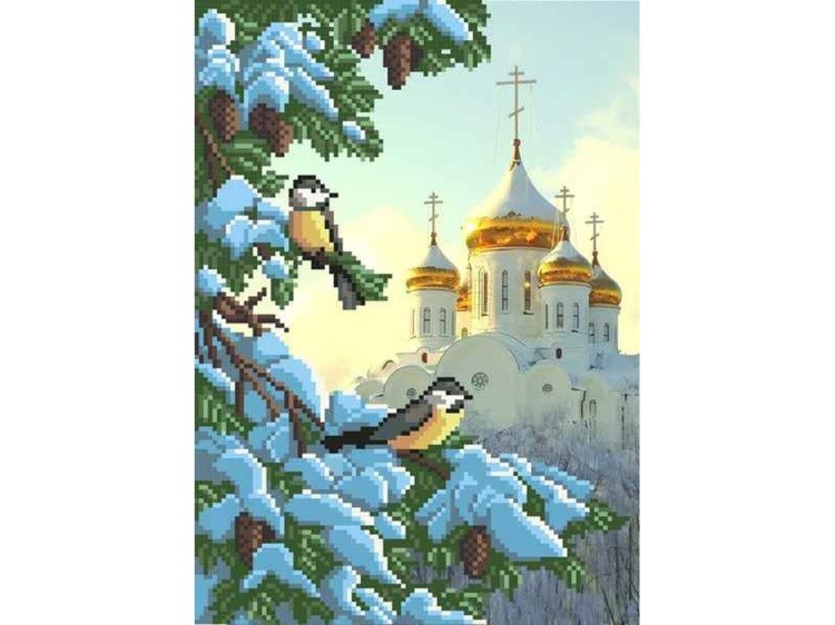 Рисунок на габардине «Синички возле храма»