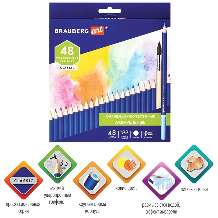 Карандаши художественные цветные акварельные BRAUBERG ART CLASSIC, 48 цв., грифель 3,3 мм — картинка 2