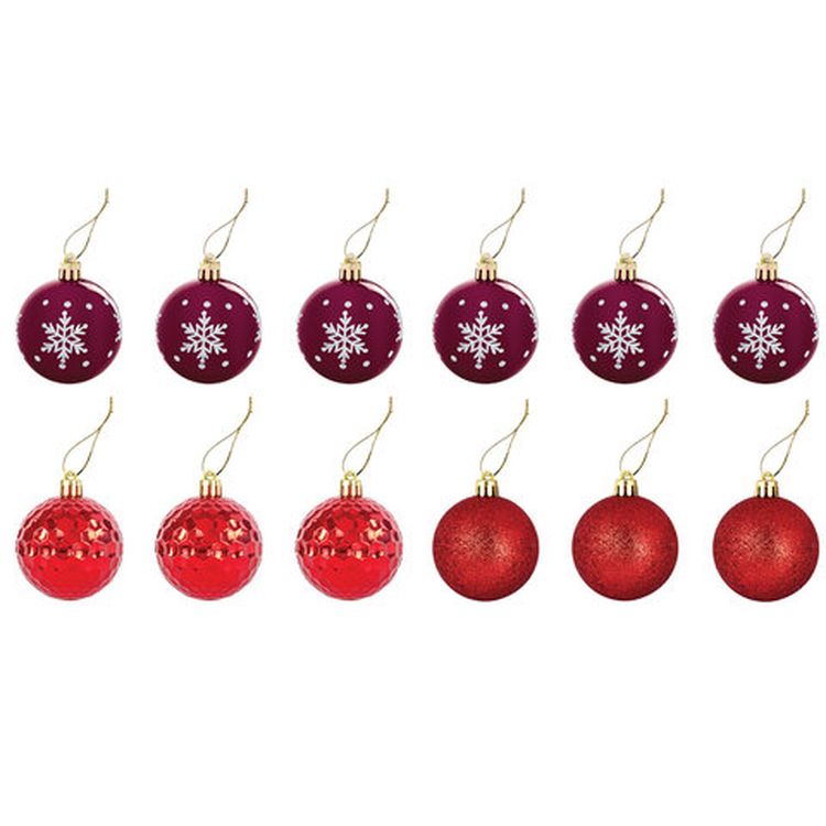 Шары елочные, набор 12 шт., пластик, 6 см, красные (глянец, глиттер, рисунок) — картинка 2