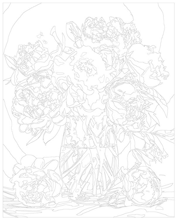 Картина по номерам «Цветы: Разноцветные пионы в стеклянной вазе» — картинка 3