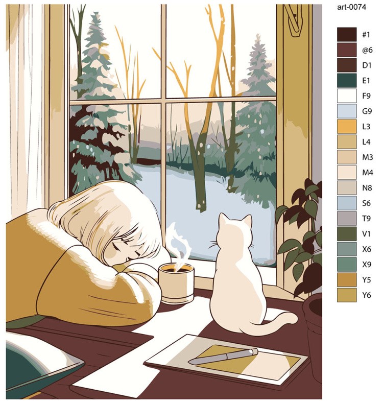Картина по номерам «Зима: белый кот, девушка и снег, аниме» — картинка 2