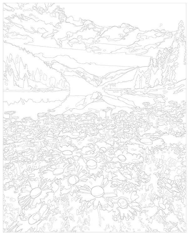 Картина по номерам «Природа: Пейзаж с полем ромашек и горным озером» — картинка 3