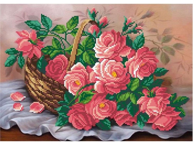 Рисунок на габардине «Розовые розы в корзине»