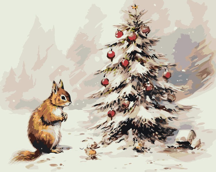 Картина по номерам «Рождество: Белка рядом с заснеженной елкой»