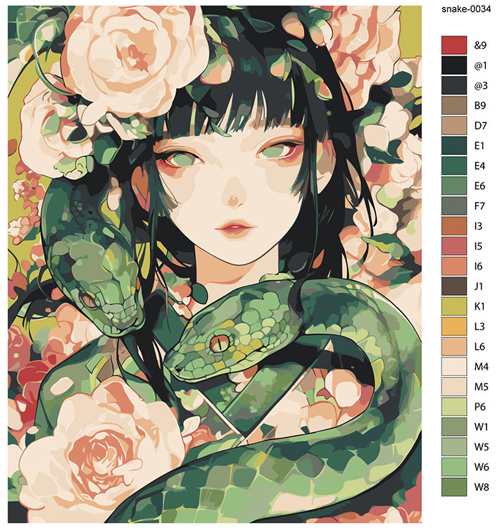 Картина по номерам «Зеленые змеи, девушка аниме и цветы» — картинка 2