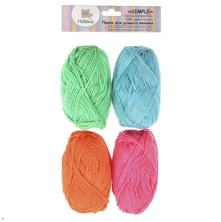 Пряжа Hobbius Simple (02), оранжевый-светло-розовый-голубой-зеленый, 4 шт. по 25 г