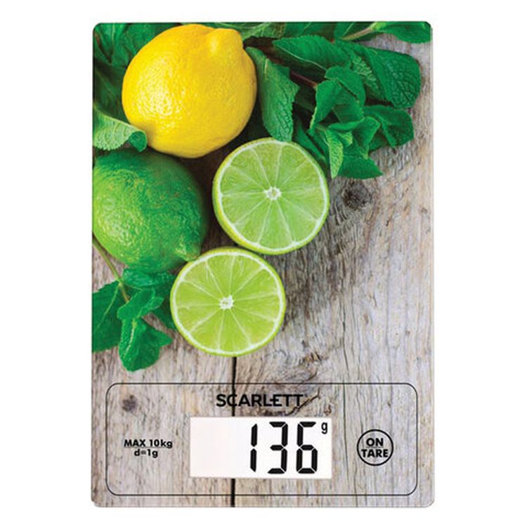 Весы кухонные SCARLETT «Лимоны», электронный дисплей, max вес 10 кг, тарокомпенсация, стекло