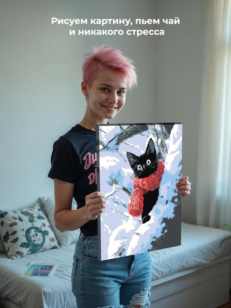 Картина по номерам Черный котик зимой среди снега — картинка 7