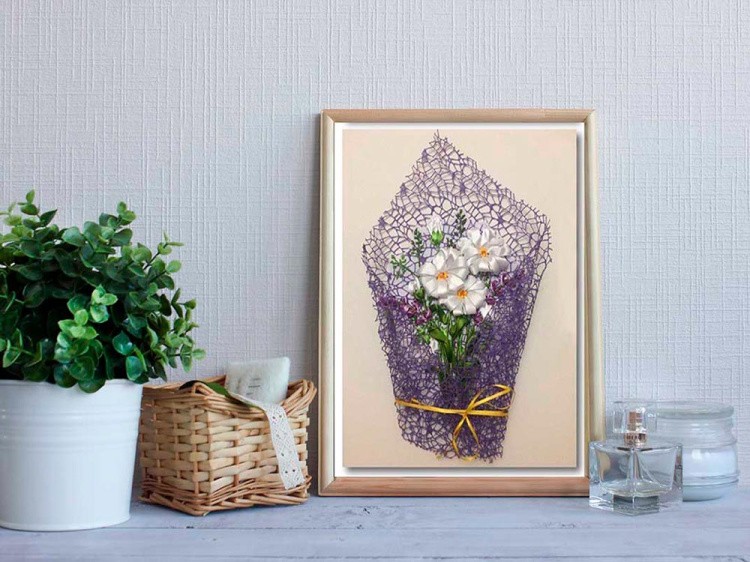 Вышивка лентами «Ромашки и лаванда» — картинка 4