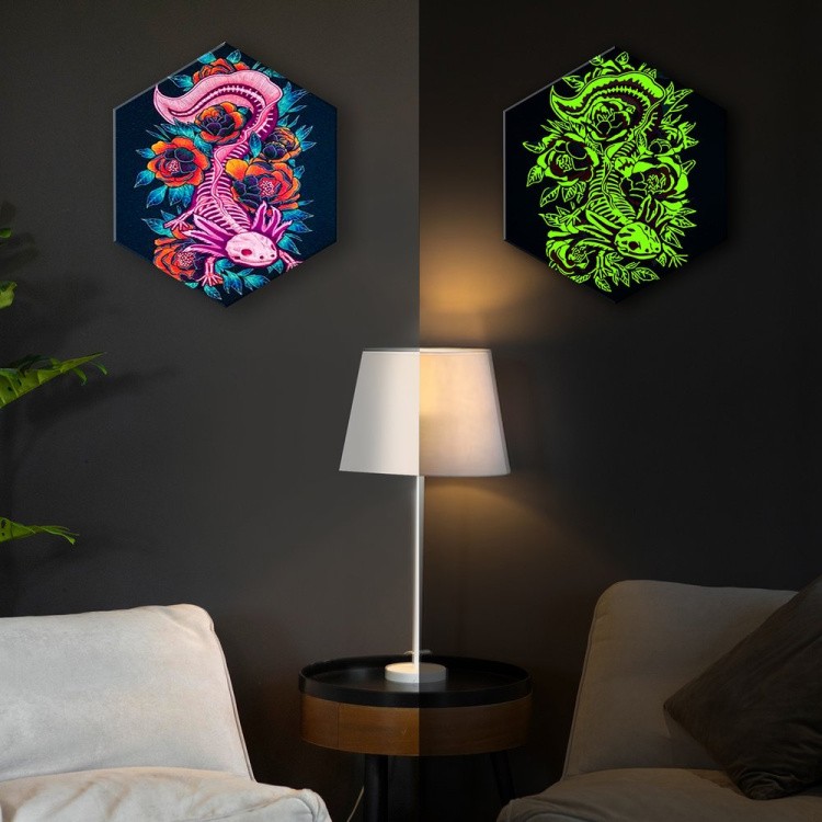 Картина по номерам Черный холст со светящейся краской Гексагон «Аксолотль» — картинка 2