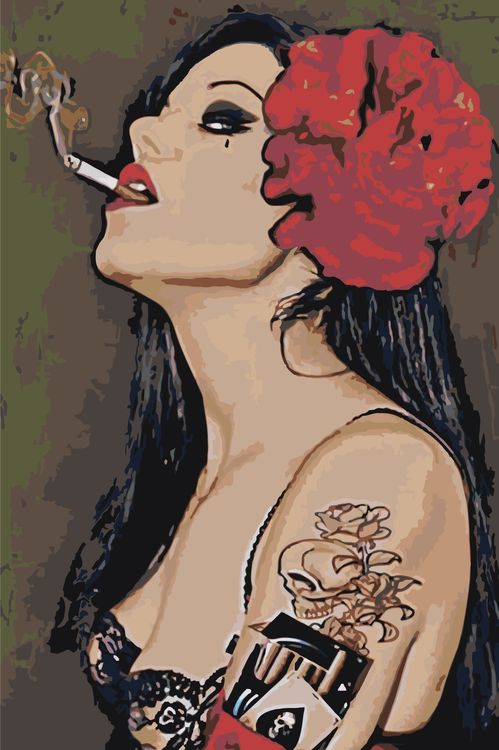 Картина по номерам «Девушка с красным цветком и сигаретой»