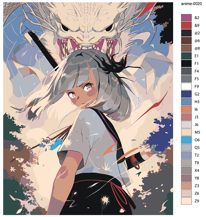 Картина по номерам «Аниме: Девушка с катаной и белый дракон» — картинка 2