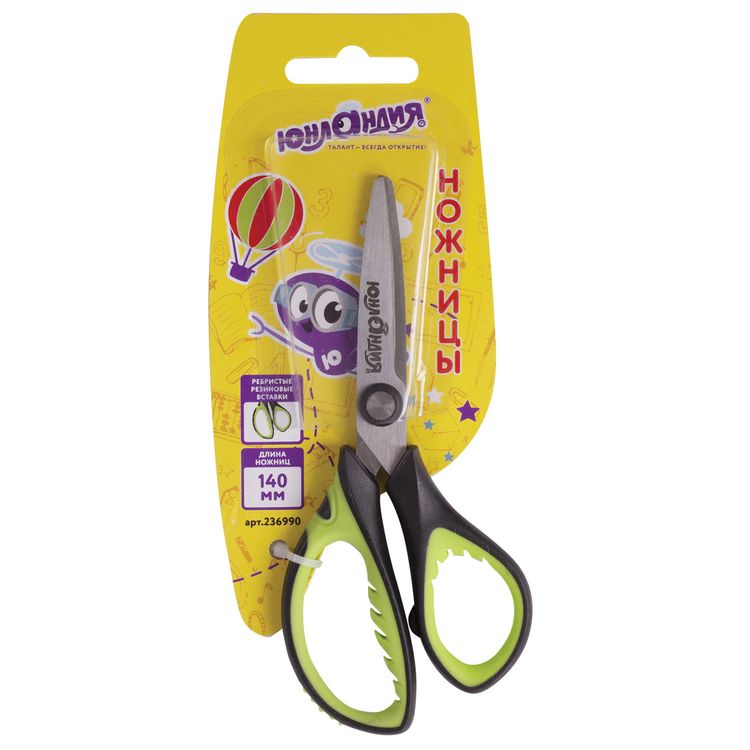 Ножницы «BASIC», 140 мм, ребристые резиновые вставки, черно-салатовые, Юнландия — картинка 2