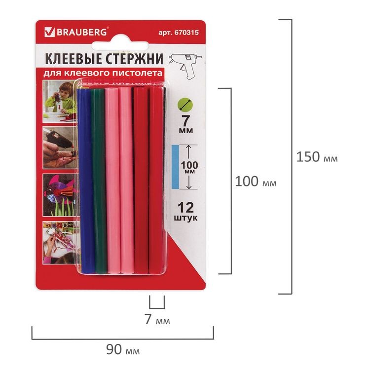 Клеевые стержни, диаметр 7 мм, длина 100 мм, цветные (ассорти), 12 шт., 6 цв., Brauberg — картинка 3