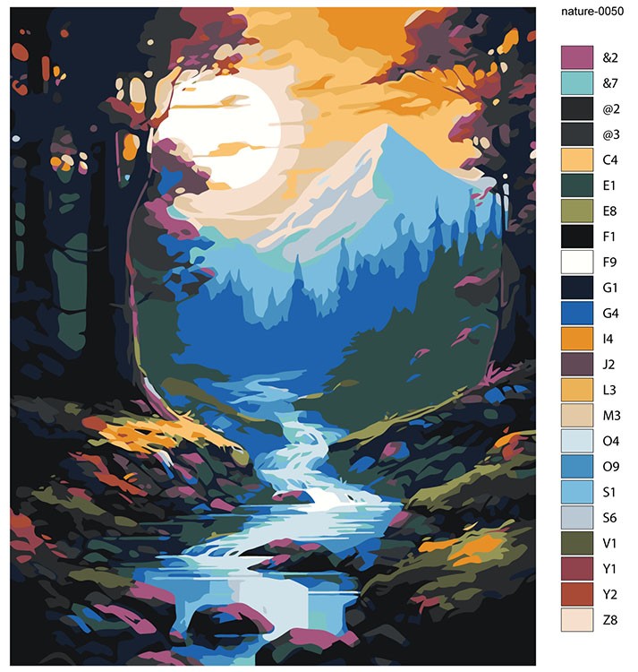 Картина по номерам «Природа: Красочный пейзаж с лесным ручьем и горами» — картинка 2