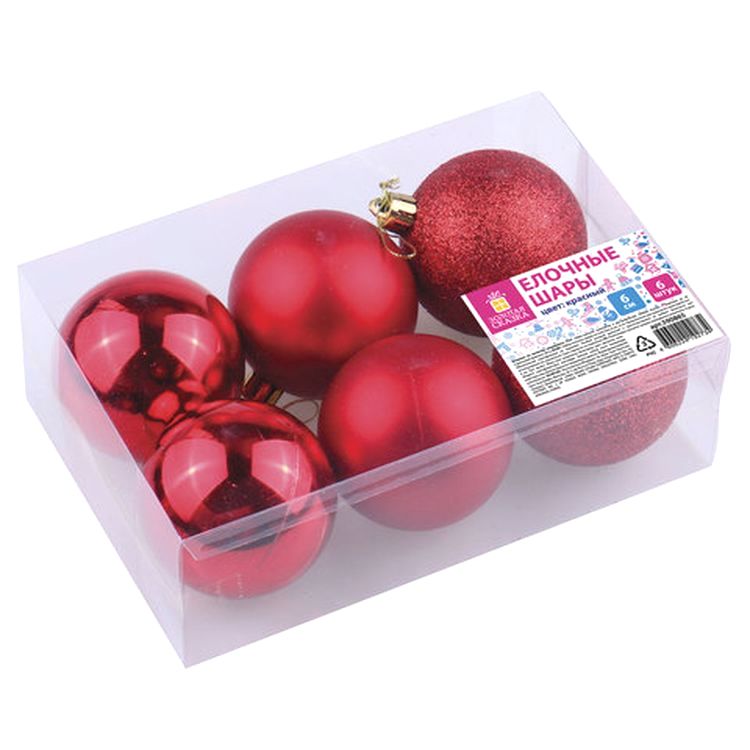Шары елочные, набор 6 шт., пластик, 6 см, красные (глянец, матовый, глиттер) — картинка 5