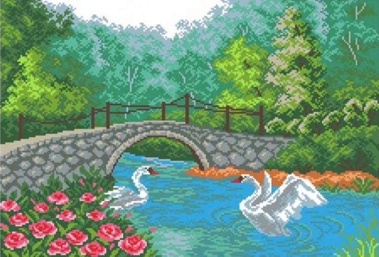 Рисунок на ткани «Лебеди у моста»