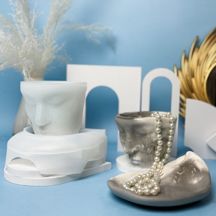 Силиконовый молд - Контейнер для свечей лицо с блюдцем, 10x8см, 2 молда — картинка 4