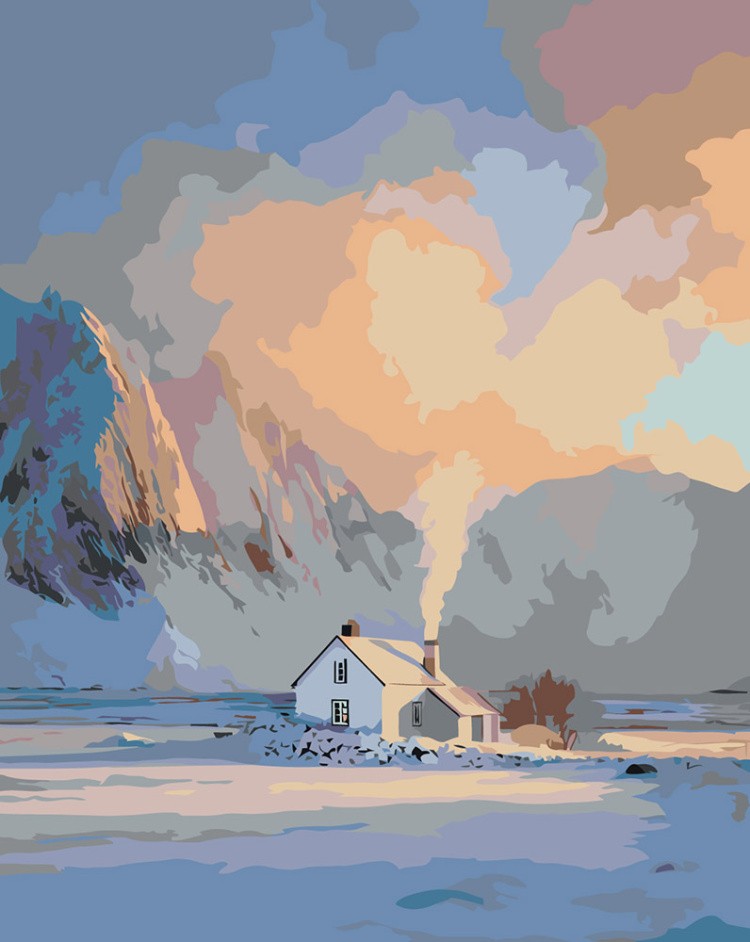 Картина по номерам Дом в горах зимой на восходе