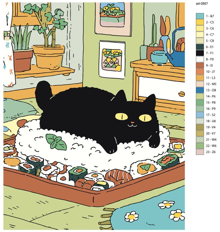 Картина по номерам Черный кот в комнате готовит суши — картинка 2