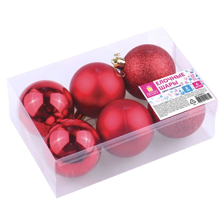 Шары елочные, набор 6 шт., пластик, 8 см, красные (глянец, матовый, глиттер) — картинка 5