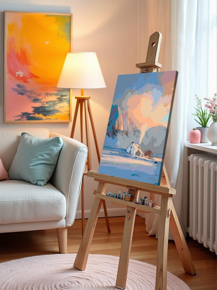 Картина по номерам Дом в горах зимой на восходе — картинка 10