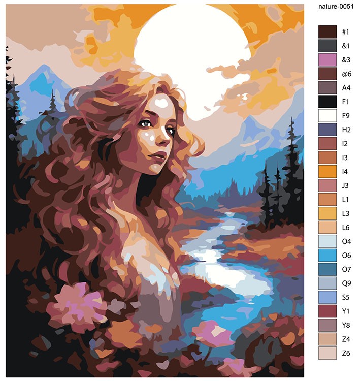 Картина по номерам «Природа: Девушка на фоне закатного солнца и горного леса» — картинка 2