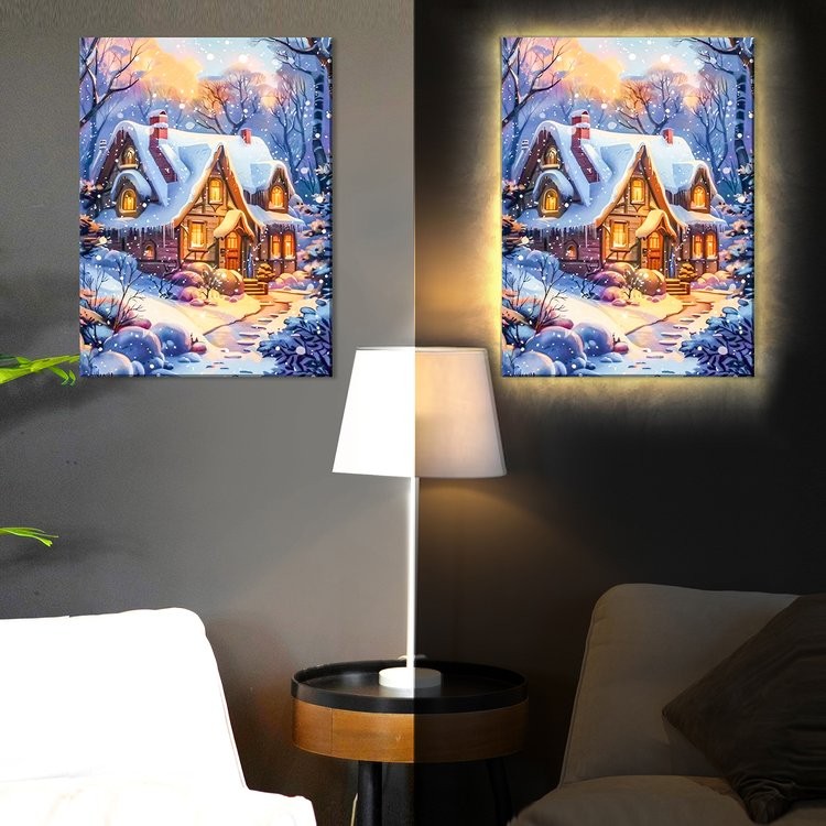 Картина по номерам «Домик в заснеженном лесу» LED подсветка — картинка 2