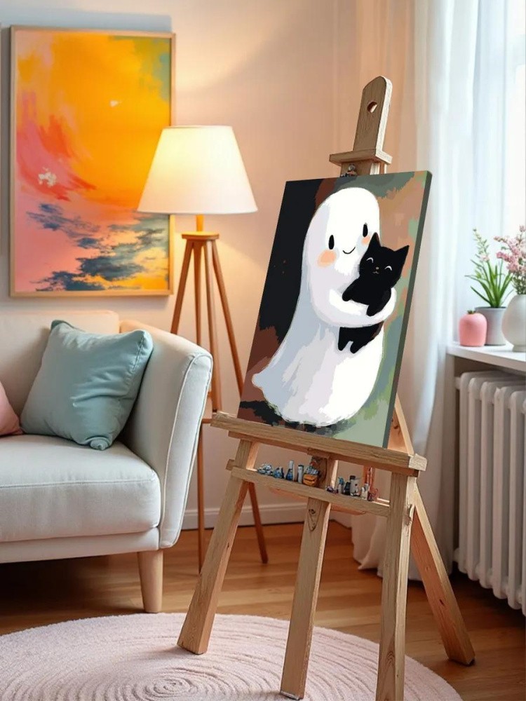 Картина по номерам «Ужасы: милое привидение с черным котенком» — картинка 9