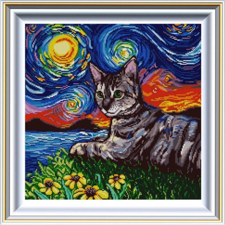 Рисунок на ткани «Кот и звездная ночь»