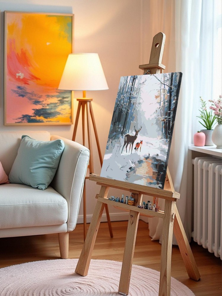 Картина по номерам Животные олень и лиса в зимнем лесу — картинка 10