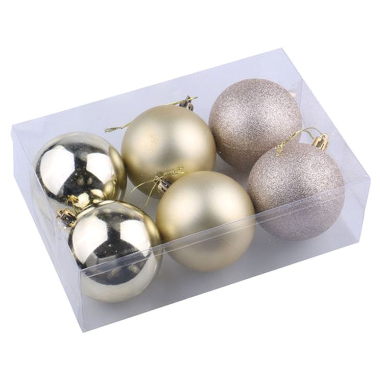 Шары елочные, набор 6 шт., пластик, 6 см, светлое золото (глянец, матовый, глиттер) — картинка 3