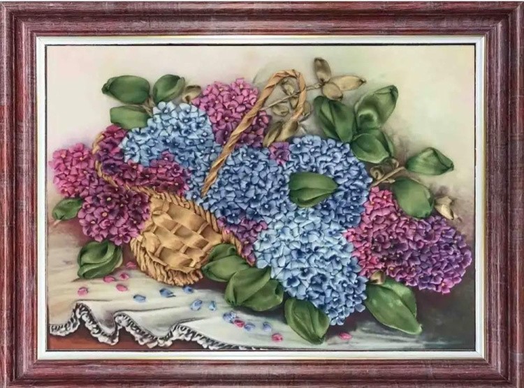 Вышивка лентами «Гортензия в корзине» — картинка 2