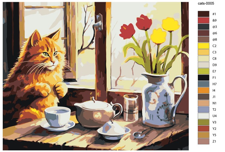 Картина по номерам «Рыжий кот пьет чай у окошка» — картинка 2