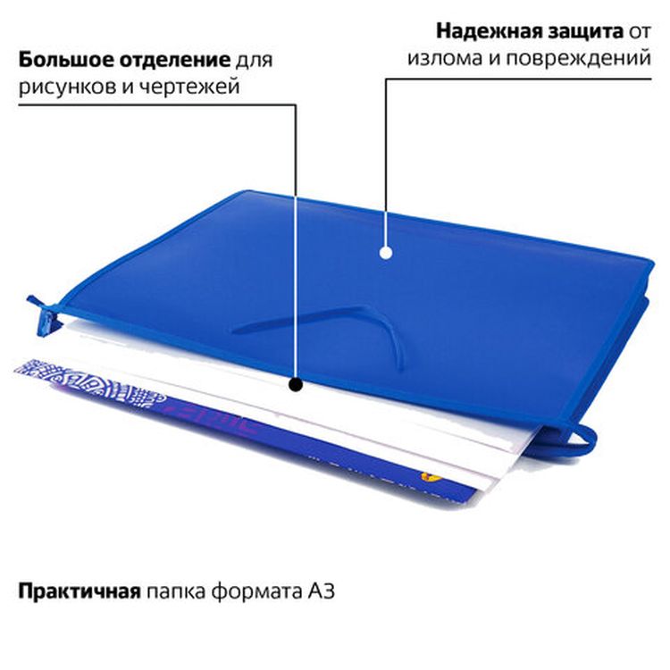 Папка для рисунков и чертежей А3, ручки-шнурок, пластик, молния сверху, ПИФАГОР, синяя — картинка 2