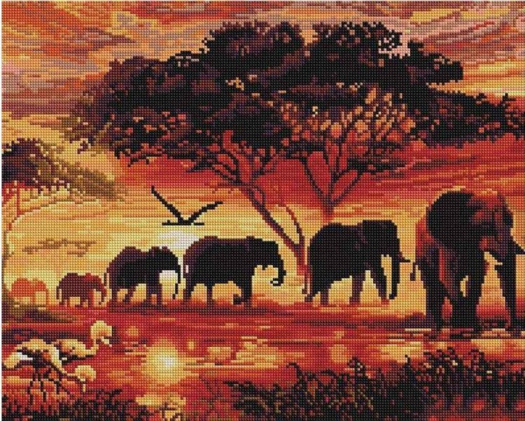 Алмазная вышивка «Слоны на закате»
