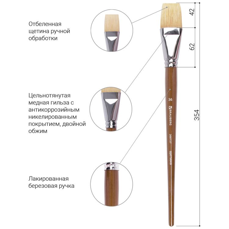 Кисть художественная профессиональная Art Classic, щетина, плоская, № 36, длинная ручка, Brauberg — картинка 4