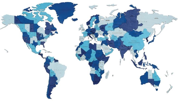EWA Деревянная «Карта Мира» настенная, объемная 3 уровня, размер S (100x55 см), цвет: синий
