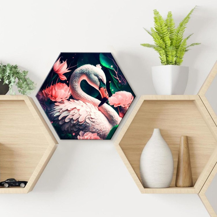 Картина по номерам чёрный холст с кристаллами из хрусталя Гексагон «Фламинго в цветах» — картинка 2