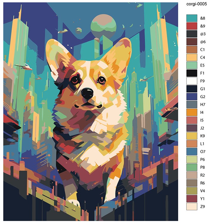 Картина по номерам «Собака корги и город будущего» — картинка 2