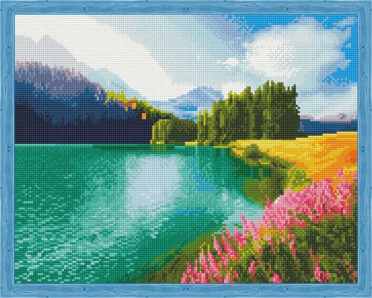 Алмазная вышивка «Цветущее поле у озера»